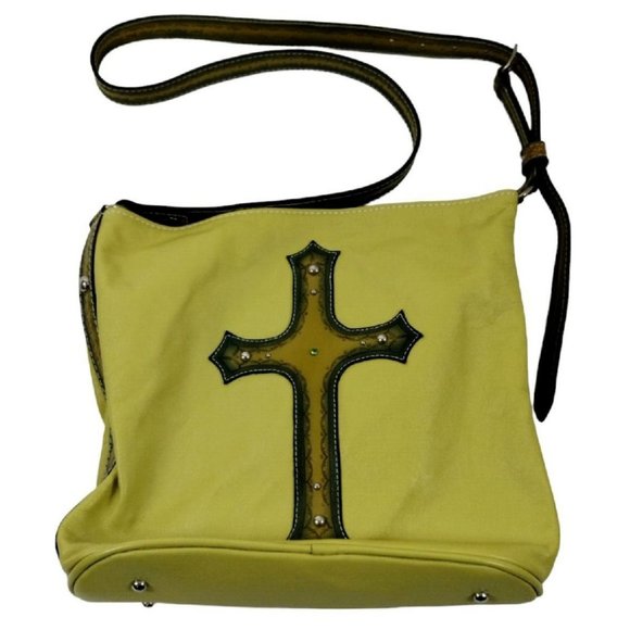 Leather Purse with Studded Religious Cross Crossbody Bag Chartreuse Yellow - Picture 1 of 13